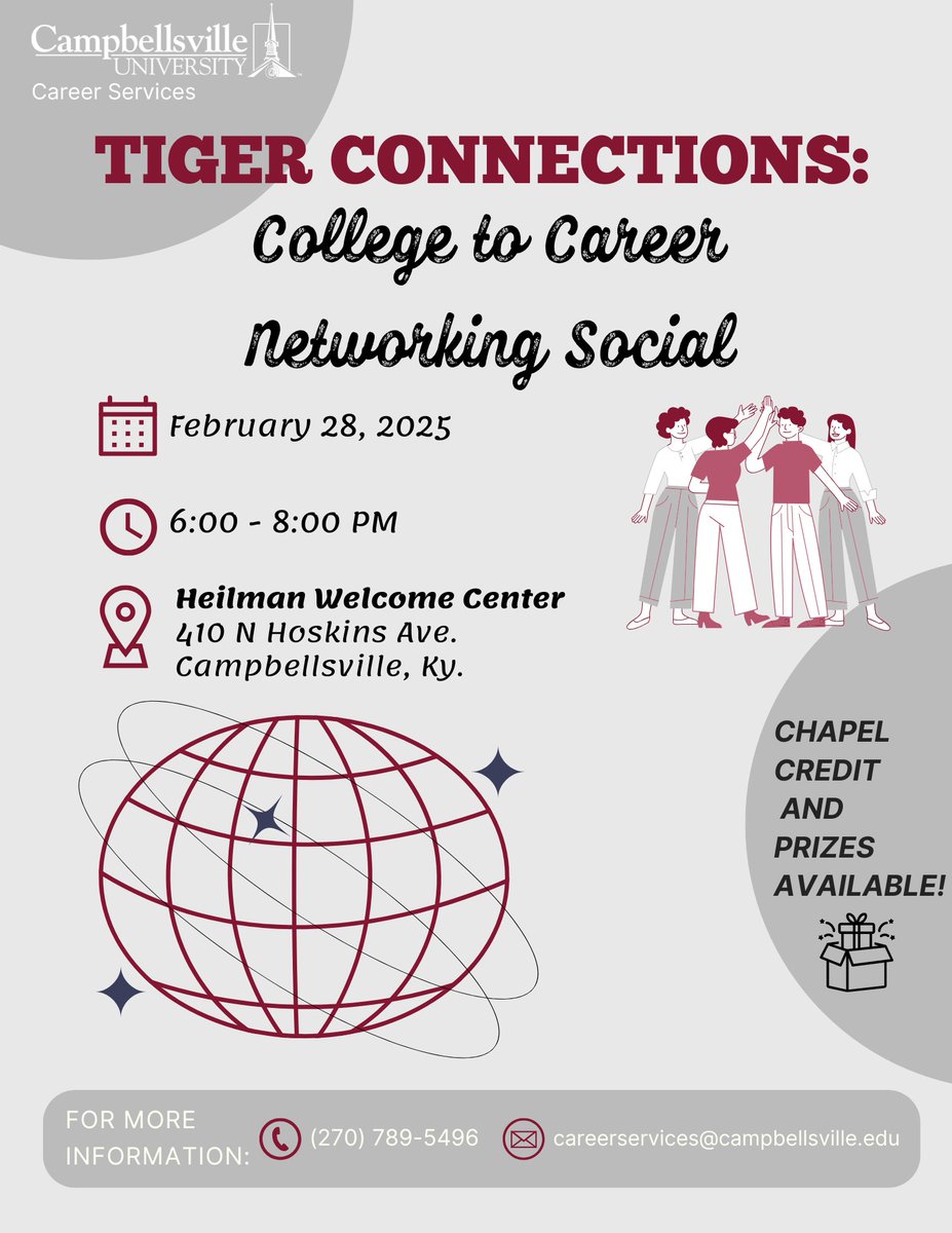 Can’t wait for CU’s College to Career Networking Social!! Join us on February 28th from 6-8pm in the Heilman Welcome Center to connect with professionals and kickstart your career! #networking #CU tigers #career services ⁦<a href="/CampbellsvilleU/">Campbellsville University</a>⁩