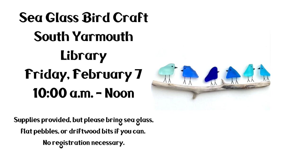 Plan to join us for a Sea Glass Bird Craft project this Friday, February 7 at 10:00 a.m. at the South Yarmouth Library. There's no need to register, but if you have sea glass, flat pebbles, or driftwood, bring a selection!