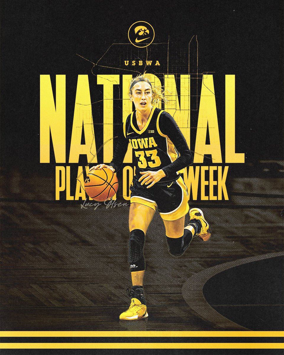 Iowa Women's Basketball (@iowawbb) on Twitter photo B1G Lu 🤝 B1G Business.
<a href="/LucyOlsenbball/">Lucy Olsen</a> is the <a href="/USBWA/">U.S. Basketball Writers Association</a> National Player of the Week!
#Hawkeyes B1G Lu 🤝 B1G Business.
<a href="/LucyOlsenbball/">Lucy Olsen</a> is the <a href="/USBWA/">U.S. Basketball Writers Association</a> National Player of the Week!
#Hawkeyes