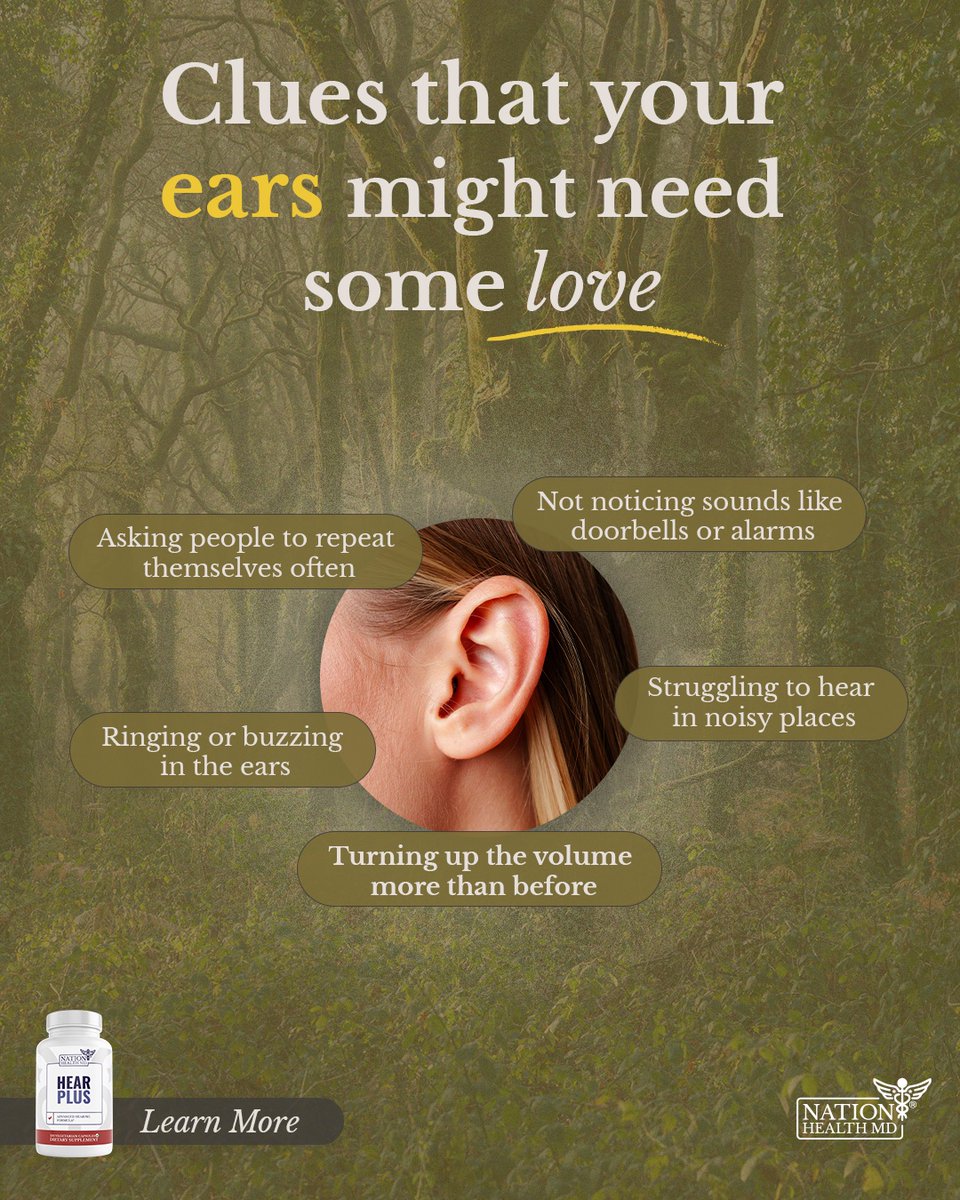 Asking people to repeat themselves often.
📺 Turning up the volume more than before.
📞 Struggling to hear in noisy places.

Learn more: bit.ly/3EAhBLN

#nationhealthmd #wellness #holistichealth #organicsupplements #hearingsupport #hearingloss 

*Reference upon request
