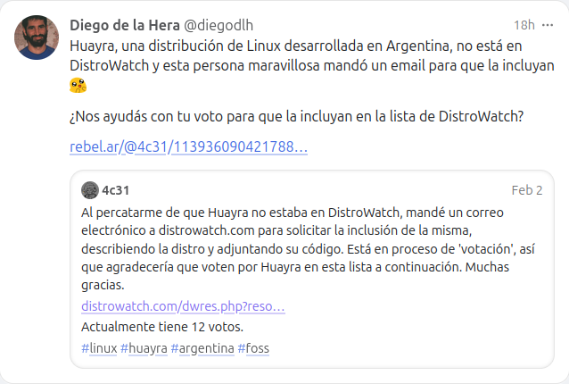 Diego de la Hera | @diegodlh@mastodon.social (@diegodlh) on Twitter photo mastodon.social/@diegodlh/1139…
<a href="/HuayraLinux/">Huayra Linux 🌪🐮</a> #Linux #SoftwareLibre #OpenSource #ConectarIgualdad #Argentina mastodon.social/@diegodlh/1139…
<a href="/HuayraLinux/">Huayra Linux 🌪🐮</a> #Linux #SoftwareLibre #OpenSource #ConectarIgualdad #Argentina