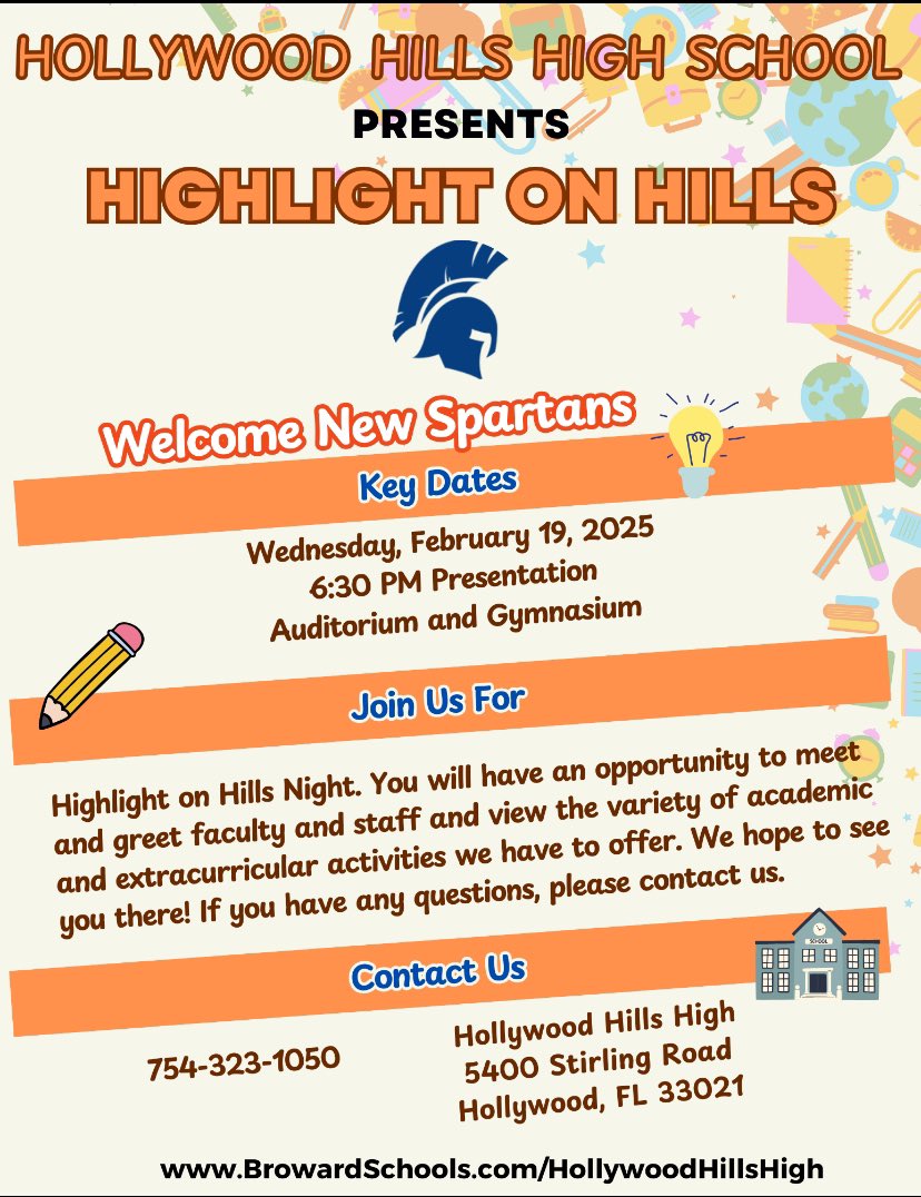 Principal Most (@principal_hhhs) on Twitter photo 8th Grade Families! Please join us for Highlight on Hills at Hollywood Hills High School on 2/19 at 6:30pm to learn about everything Hills has to offer! We look forward to welcoming the Class of 2029! <a href="/SpartanHhhs/">HHHS-1661-Spartans</a> <a href="/driftwoodms/">Driftwood Middle: Health & Wellness Magnet School</a> <a href="/AttucksMS/">Attucks Middle</a> <a href="/apollo_rockets/">Apollo Middle School</a> <a href="/OlsenExcellence/">Awesome Olsen Middle</a> 8th Grade Families! Please join us for Highlight on Hills at Hollywood Hills High School on 2/19 at 6:30pm to learn about everything Hills has to offer! We look forward to welcoming the Class of 2029! <a href="/SpartanHhhs/">HHHS-1661-Spartans</a> <a href="/driftwoodms/">Driftwood Middle: Health & Wellness Magnet School</a> <a href="/AttucksMS/">Attucks Middle</a> <a href="/apollo_rockets/">Apollo Middle School</a> <a href="/OlsenExcellence/">Awesome Olsen Middle</a>