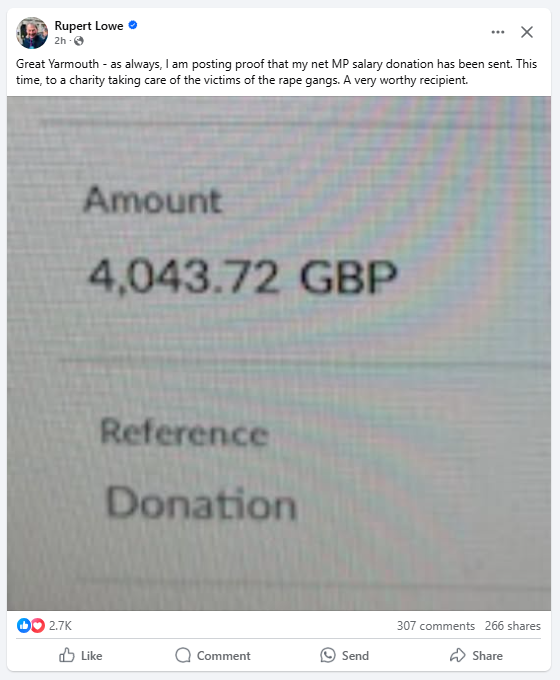 GoodwinMJ's tweet photo. This is impressive. 

Every month Rupert Lowe, Reform MP, gives his MP salary away. This month, he gave it to a charity which takes care of the victims of rape gangs. https://t.co/4umKgdbws7