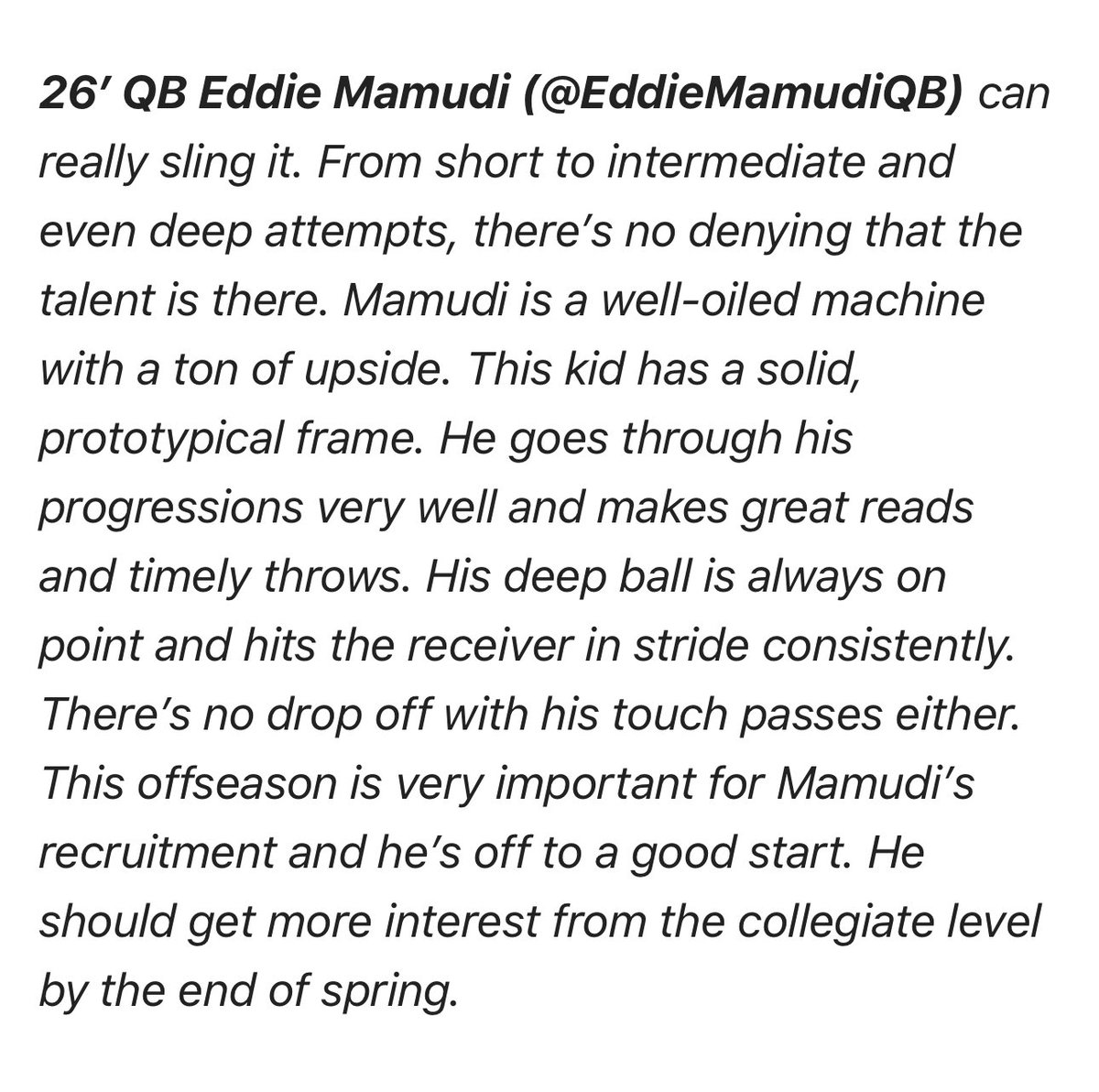 Eddie Mamudi (@eddiemamudiqb) on Twitter photo Thankful to <a href="/DR_SPORTZ/">DRSportz</a> <a href="/THEPLATFORMDR/">THE PLATFORM</a> for recognizing me as being one of the top QBs at this weekends tourney. Excited for what’s to come! <a href="/StephenGarcia/">Stephen Garcia</a> <a href="/DMamudi/">Desmond Mamudi</a> <a href="/BlakeJacketsFB/">Blake High School Football Team</a> <a href="/CoachSantana_/">Devin Santana</a> <a href="/CoachXavierBHS/">Coach X and Os</a> <a href="/Andy_Villamarzo/">Andy Villamarzo</a> <a href="/Dos_Pryme/">Pryme Silas</a> Thankful to <a href="/DR_SPORTZ/">DRSportz</a> <a href="/THEPLATFORMDR/">THE PLATFORM</a> for recognizing me as being one of the top QBs at this weekends tourney. Excited for what’s to come! <a href="/StephenGarcia/">Stephen Garcia</a> <a href="/DMamudi/">Desmond Mamudi</a> <a href="/BlakeJacketsFB/">Blake High School Football Team</a> <a href="/CoachSantana_/">Devin Santana</a> <a href="/CoachXavierBHS/">Coach X and Os</a> <a href="/Andy_Villamarzo/">Andy Villamarzo</a> <a href="/Dos_Pryme/">Pryme Silas</a>