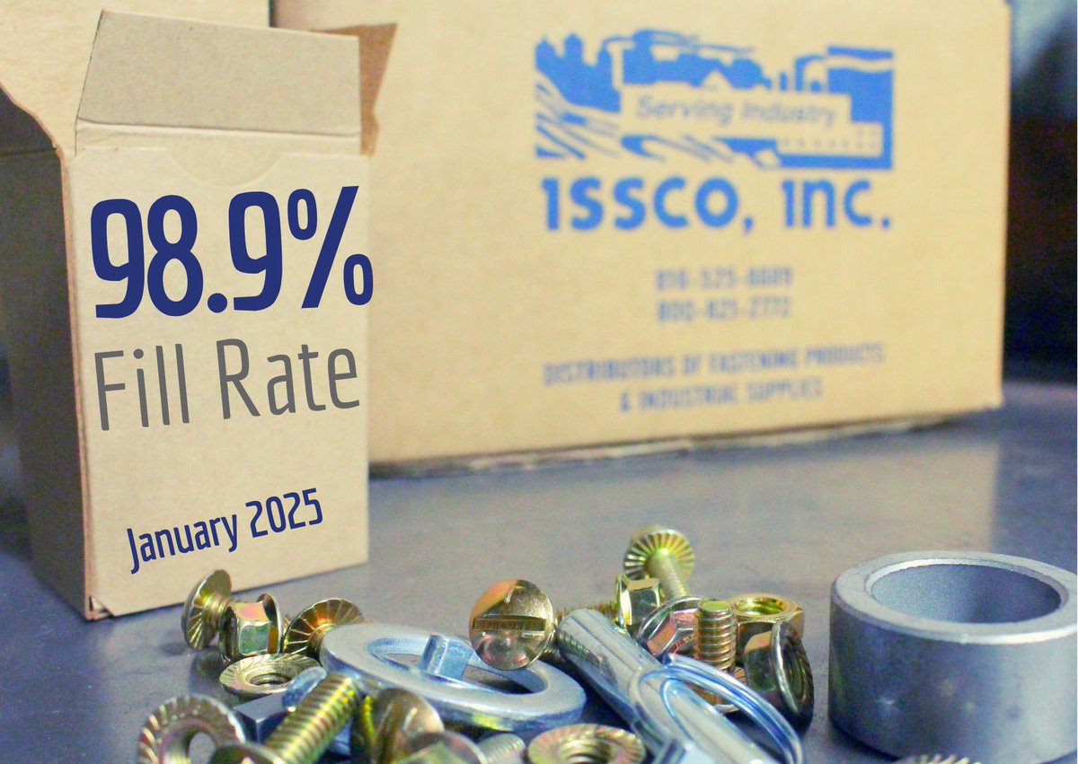 issco_inc's tweet photo. As a fastener distributor, ISSCO INC continues to publish our monthly fill rate to maintain transparency with our customers. In January, our fill rate was 98.9%.
#fillrate #distribution #distributor #ISSCO https://t.co/fzSxHiY5V7