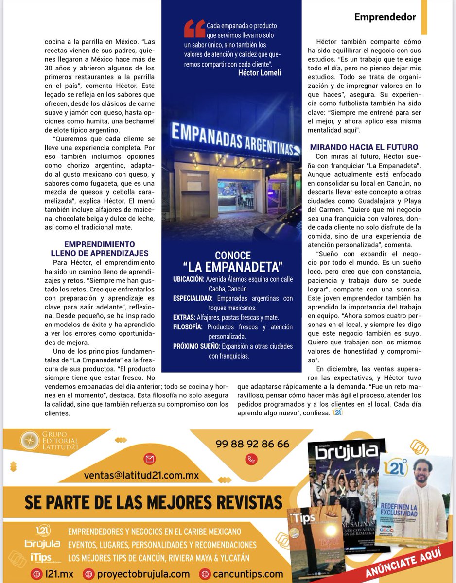 Latitud21mx's tweet photo. #Emprendedores: 

En “La Empanadeta”, Héctor Lomelí ofrece mucho más que empanadas: fusiona tradiciones argentinas y mexicanas en un espacio que combina sabores auténticos y una filosofía de atención al cliente centrada en los valores.

👉 Para leer en linea página 46 y 47: https://t.co/w8An6UMbiM
👉 Para descargar PDF página 46 y 47: https://t.co/OXlNCAflXt 
👉 Para leer la nota: https://t.co/I6EYpB4Wsk