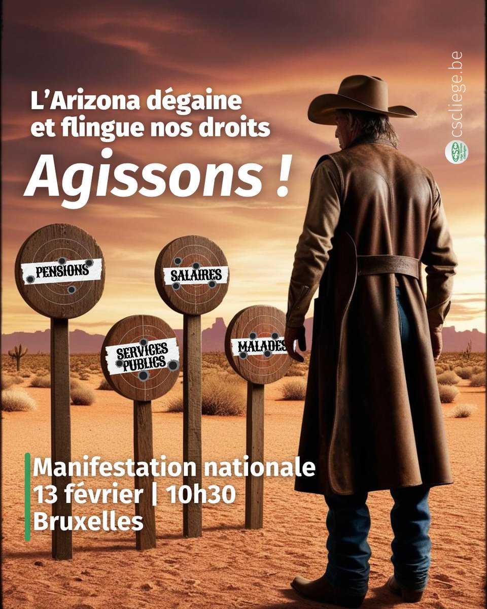 L'Arizona dégaine et flingue nos droits ! Parce que nous sommes toutes et tous concernés, agissons ensemble lors de la manifestation nationale prévue le 13 février à Bruxelles. Des départs en train sont organisés :  forms.office.com/e/SmEKjY1ie3