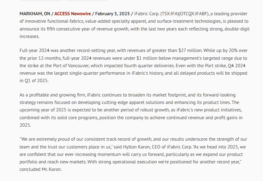 tradealertpro's tweet photo. iFabric Corp 

As per company update below, sounds like a decent q4 will be reported and that q1 is going to be strong.
 
Gross margin slowly improving as well as profitability.

US expansion ongoing and FY25 should be another record year. 

I find it interesting here and no one seems to be paying attention. As always, do your own due diligence.

iFabric Corp. Announces Fifth Consecutive Year of Revenue Growth
https://t.co/51unWOOG49

$IFABF $IFA