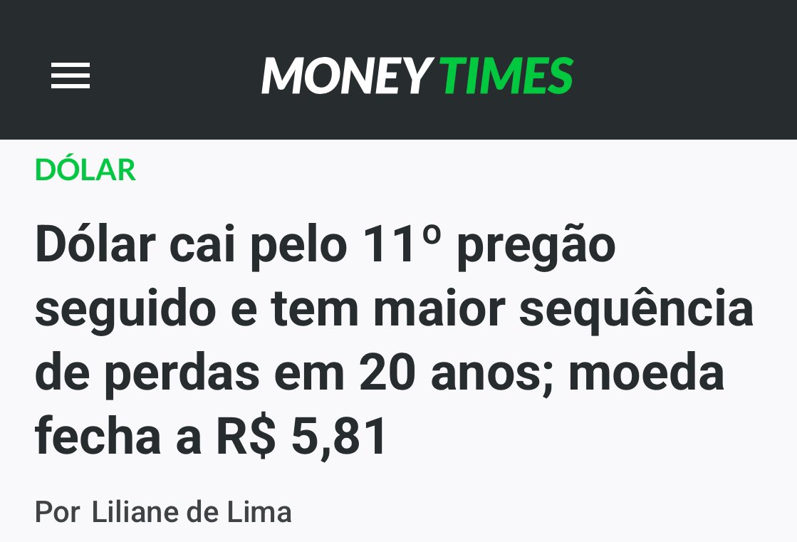 O dólar segue em queda livre, contrariando as previsões do “mercado”. Será que agora vão culpar o Lula, hein? 🤔