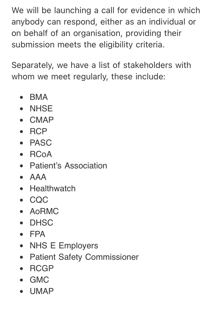 octor_nathan's tweet image. I asked The Leng Review for a list of stakeholders they have been communicating with. And who will be invited to submit evidence. Their answer is below. 
@medicalmodelbri @Burnt2020 @Xeon4f145d96s1 @AnaesUnited