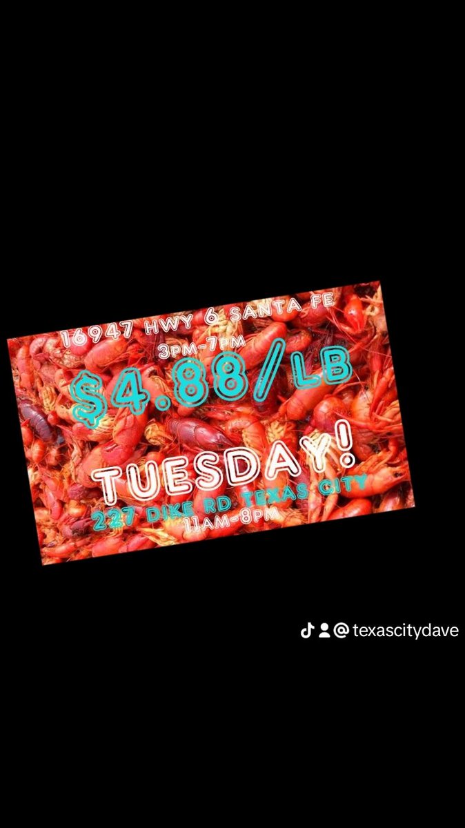 Boyds1Stop's tweet photo. Awesome! TODAY, TUESDAY!
As Boyd's Crawfish say, "Pinch me! I think I'm dreaming!
Yes, $4.88/lb with 3/lb minimum. You'll want to load up on this deal.
Santa Fe 3pm-7pm. 16947 Hwy 6.
Texas City Boyd's Cajun Grill Express 11am-8pm. 227 Dike Rd. https://t.co/769XKZL5yM