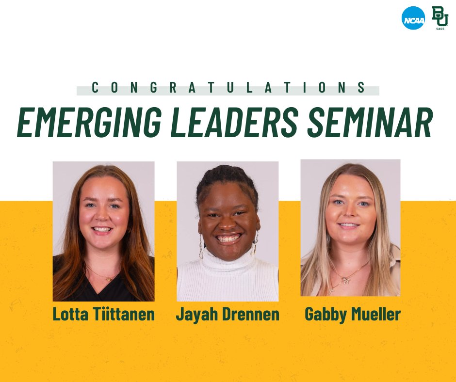 Congratulations to our three amazing assistants who will be representing Baylor at the NCAA Emerging Leaders Seminar in Indianapolis this week! 🎉💼✨

#SicEm #NCAALearnLead #EmergingLeaders #ProfessionalDevelopment #FutureLeaders #Networking #Growth