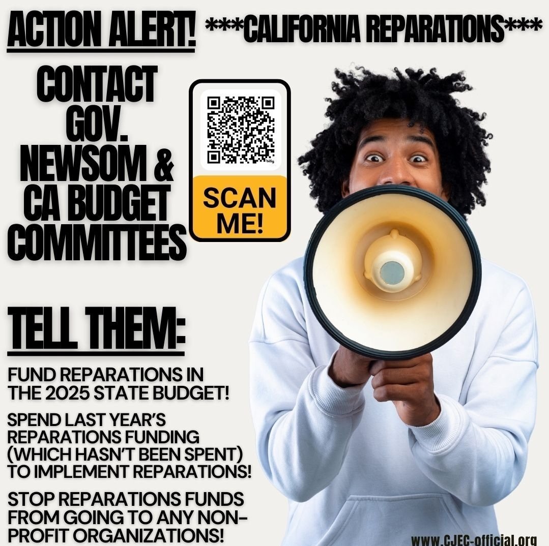 cjecofficial's tweet photo. ***ACTION ALERT***

The time for ACTION is NOW!

CONTACT #CALeg #CABudgetCommittees @CAgovernor and tell them to FUND Reparations in the state Budget, SPEND the money right, and STOP any Reparations funds from going to non-profit organizations! 

It only takes a minute!!!

Click👇🏿 or scan the QR code! 
https://t.co/IxhR9KQtC7

#CAReparations2025 @cjecofficial #AmericanFreedmen
