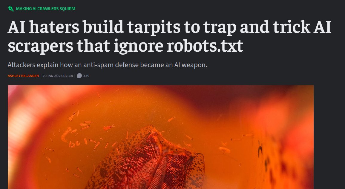 rohanpaul_ai's tweet photo. Developers are deploying malware-based tarpits like Nepenthes and Iocaine to trap and poison AI web crawlers that ignore robots.txt. These tools waste resources, mislead AI models with gibberish, and inflate AI companies' data collection costs. 

⚙️ The Details
→ Nepenthes, created by an anonymous developer, traps AI crawlers in an infinite maze of static files, preventing them from reaching real content and feeding them Markov babble to poison AI training data.

→ The tarpitting technique, originally used against email spammers, is now weaponized against AI crawlers accused of violating robots.txt rules.

→ OpenAI is the only major AI company whose crawler has evaded Nepenthes, while others struggle to bypass it.

→ Iocaine, inspired by Nepenthes, goes further by intentionally poisoning AI datasets using a reverse proxy to serve misleading data.

→ Critics argue that tarpits could be ineffective long-term, as AI companies improve data filtering, but supporters see them as a form of resistance against AI exploitation.

→ AI firms continue to develop poisoning countermeasures, but the growing cost and complexity of AI training may be impacted by widespread adoption of such tactics.