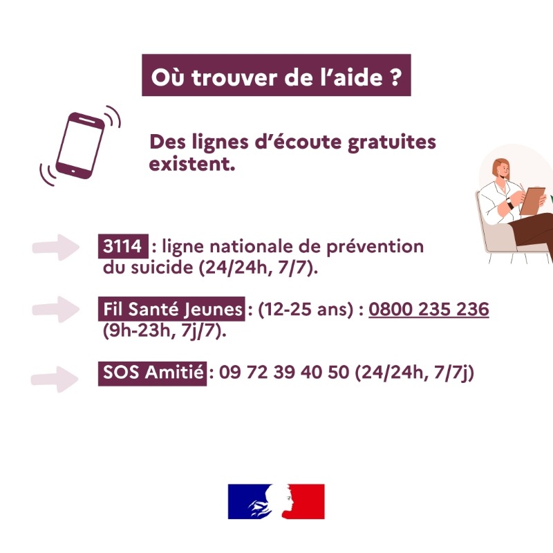 Sante_Gouv's tweet photo. 📅 Aujourd’hui, c'est la journée nationale de prévention du #suicide.
Si vous ou un proche est en souffrance, n'hésitez pas à demander de l’aide en composant le @3114_appel. Il est :
👉 gratuit
👉 accessible 7j/7 et 24h/24, partout en France