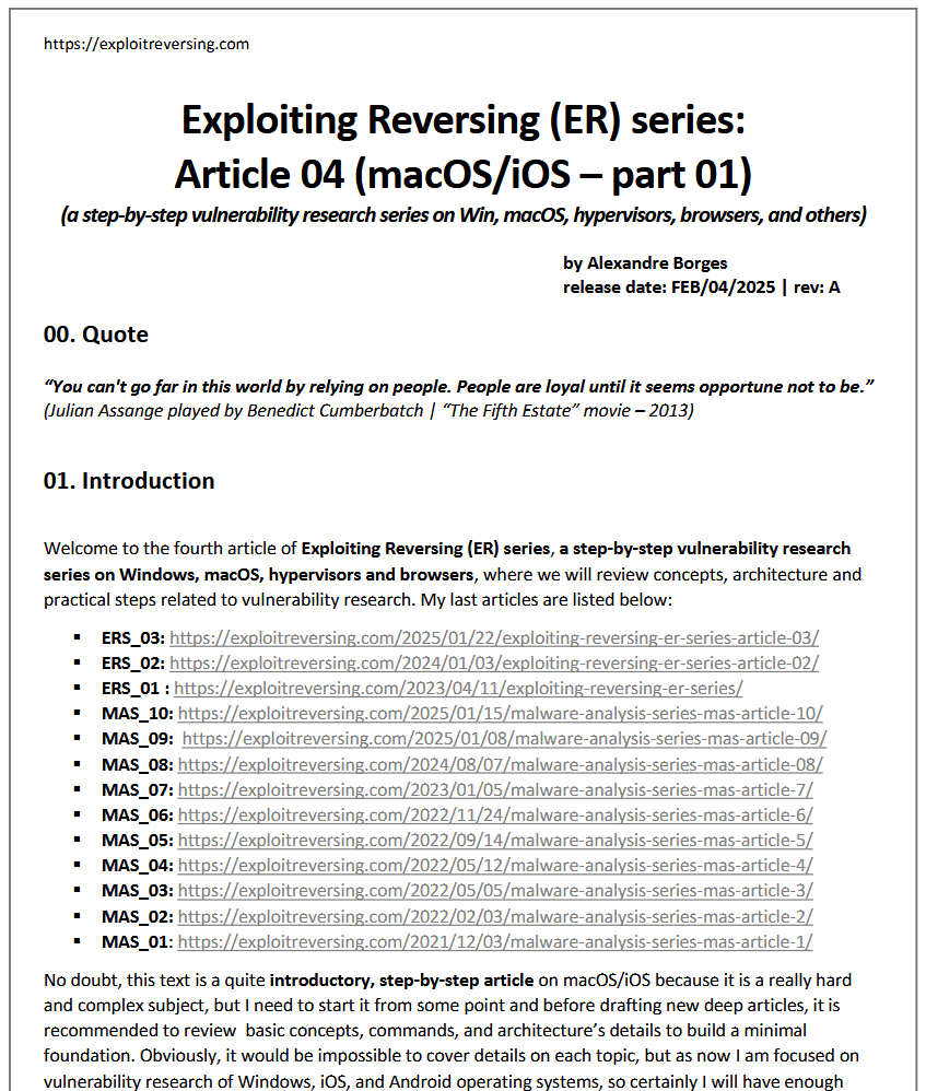 Alexandre Borges (@ale_sp_brazil) on Twitter photo The fourth article (126 pages) of the Exploiting Reversing Series (ERS) is available on:
exploitreversing.com/2025/02/04/exp…
I would like to thank Ilfak Guilfanov <a href="/ilfak/">Ilfak Guilfanov</a> and Hex-Rays <a href="/HexRaysSA/">Hex-Rays SA</a> for their constant and uninterrupted support, which have helped me write these articles.
The The fourth article (126 pages) of the Exploiting Reversing Series (ERS) is available on:
exploitreversing.com/2025/02/04/exp…
I would like to thank Ilfak Guilfanov <a href="/ilfak/">Ilfak Guilfanov</a> and Hex-Rays <a href="/HexRaysSA/">Hex-Rays SA</a> for their constant and uninterrupted support, which have helped me write these articles.
The