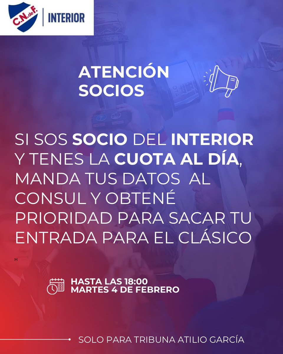 CNdeFinterior's tweet photo. 📢 ATENCIÓN SOCIOS DEL INTERIOR 

Si sos socio del interior y tenés tu cuota al día, contacta al Cónsul de tu departamento y obtené prioridad para comprar tu entrada para el CLÁSICO.

 ¡No te quedes afuera de esta gran fiesta! 

#ElInteriorPresente #VamosNacional https://t.co/y2FAvsx4l1