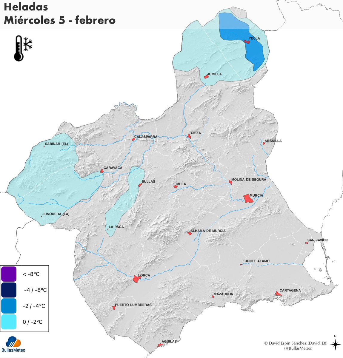 ❄️Mañana miércoles no experimentarán demasiados cambios las temperaturas mínimas en zonas de interior, repitiéndose las heladas en el Noroeste, Altiplano y Tierras Altas de Lorca. No cambiará demasiado la extensión e intensidad de las mismas.