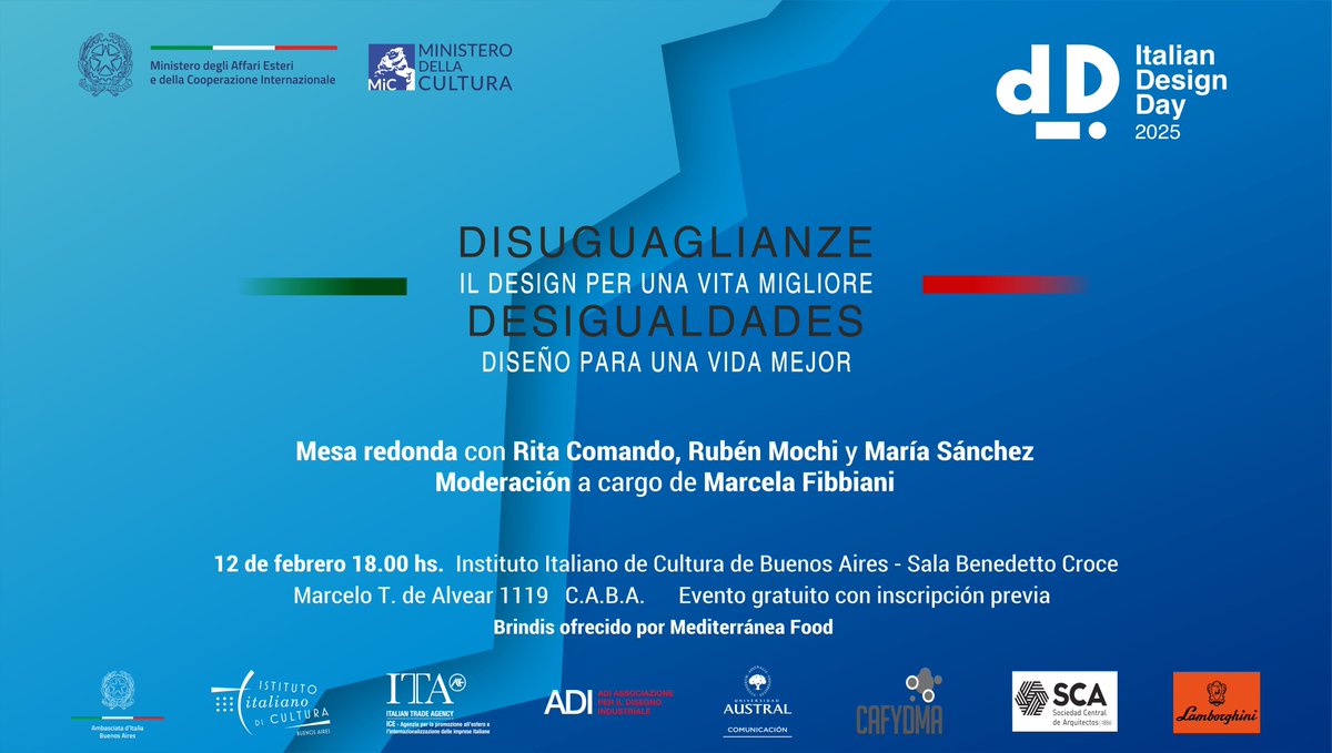 El 12 de febrero se celebra el #IDD2025 y junto a <a href="/ITABuenosAires/">ITA Buenos Aires</a> te invitamos a participar de una charla donde expertos del mundo del diseño debatirán el tema de este año: “Desigualdades.El diseño para una vida mejor”.
📌Evento gratuito.ℹ️e inscripción 👇iicbuenosaires.esteri.it/es/gli_eventi/…
