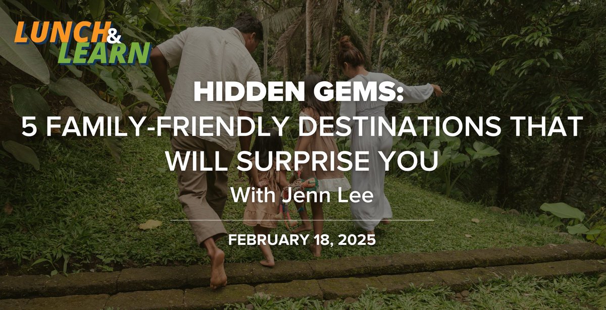 This #LunchandLearn will unveil five unexpected destinations perfect for creating unforgettable family adventures. Join Jenn Lee for expert insights on how to highlight these hidden gems to your clients. Register here: buff.ly/40rWUt4 #BusinessTips #Webinar