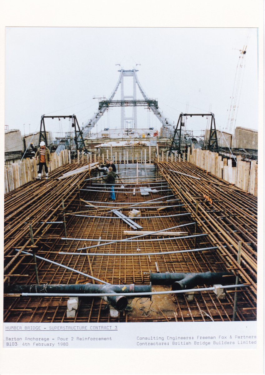 HumBridgeNews's tweet image. On this day in 1980, the cables were in place. In these pictures you can still see the temporary catwalk installed under the cables. We can also see the final stages of the Barton Anchorage construction. 

#humberbridge #engineering #ukengineering