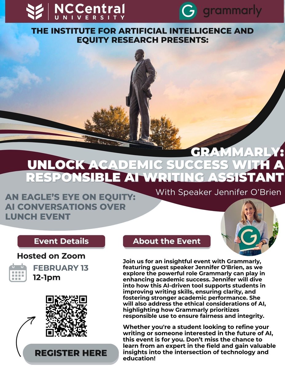 Join us for an insightful event hosted by NCCUs Institute for Artificial Intelligence and Equity Research, with guest speaker Jennifer O’Brien from Grammarly! Discover how Grammarly’s AI writing assistant can boost academic performance, clarity and ethical writing practices.