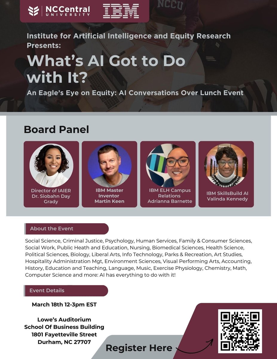 Dive into the future of AI with NCCentral University and IBM at this dynamic panel discussion! Hear from AI experts, including Dr. Siobahn Day Grady, Martin Keen (IBM Master Inventor), Adrianna Barnette (IBM ELH Campus Relations), and Valinda Kennedy (IBM SkillsBuild AI).