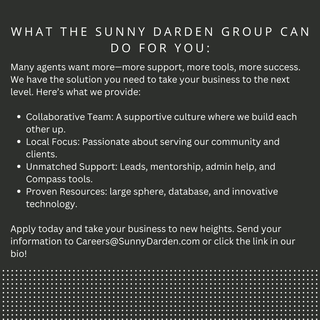🚀 Ready to Elevate Your Real Estate Career? 🚀⁠
⁠⁠
📩 Apply today! Send your info to Careers@SunnyDarden.com or click the link in our bio. Let’s build something amazing together.