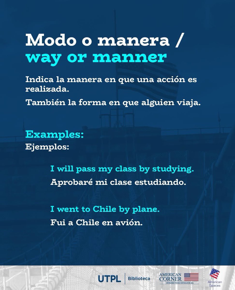 BibliotecaUTPL's tweet photo. #EnglishTips 🗣️ ¡Aprende a usar el inglés en cada ocasión!

La preposición "BY" es fácil de aprender y muy útil. ✅ Te compartimos los usos más comunes:

Tiempo ⏳
Lugar 📍
Modo o manera 🚴‍♂️

 ¡Mejora tu inglés con estos tips! 🇺🇸 https://t.co/pHw7G8rFxD