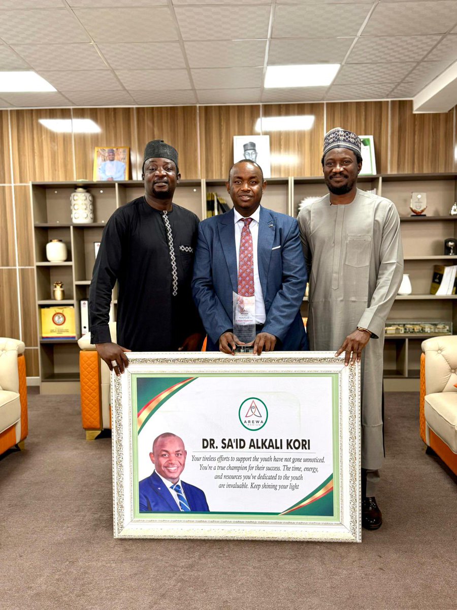 MusaGwary's tweet photo. Dr. Sa’id Alkali Kori, Chairman of Thinklab Group, has been honored with the Visionary Guidance and Exceptional Leadership Award by Arewa Medium, a leading digital production company in Nigeria. The award was presented at Arewa Medium’s headquarters in Abuja by its founder, Mr. Suleiman Muhammad, alongside other key team members. The recognition highlights Dr. Kori’s outstanding leadership, innovative contributions, and impact on business growth and development across various sectors in Nigeria.

In his acceptance speech, @Arc_SaidKori expressed gratitude for the honor, emphasizing the importance of leadership in driving positive change. Mr. Suleiman Muhammad praised him for his dedication to excellence and his role in inspiring young entrepreneurs. The event brought together industry leaders who discussed the evolving landscape of digital production and business development, reinforcing the importance of strategic leadership in shaping Nigeria’s economic future.

@ArewaMedium @sir_zeeesu @Thinklabgroupng @mediathinklab
