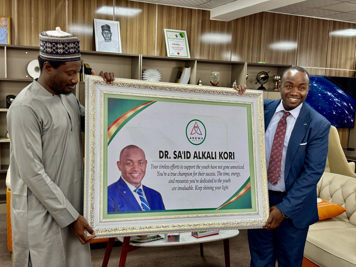 MusaGwary's tweet photo. Dr. Sa’id Alkali Kori, Chairman of Thinklab Group, has been honored with the Visionary Guidance and Exceptional Leadership Award by Arewa Medium, a leading digital production company in Nigeria. The award was presented at Arewa Medium’s headquarters in Abuja by its founder, Mr. Suleiman Muhammad, alongside other key team members. The recognition highlights Dr. Kori’s outstanding leadership, innovative contributions, and impact on business growth and development across various sectors in Nigeria.

In his acceptance speech, @Arc_SaidKori expressed gratitude for the honor, emphasizing the importance of leadership in driving positive change. Mr. Suleiman Muhammad praised him for his dedication to excellence and his role in inspiring young entrepreneurs. The event brought together industry leaders who discussed the evolving landscape of digital production and business development, reinforcing the importance of strategic leadership in shaping Nigeria’s economic future.

@ArewaMedium @sir_zeeesu @Thinklabgroupng @mediathinklab