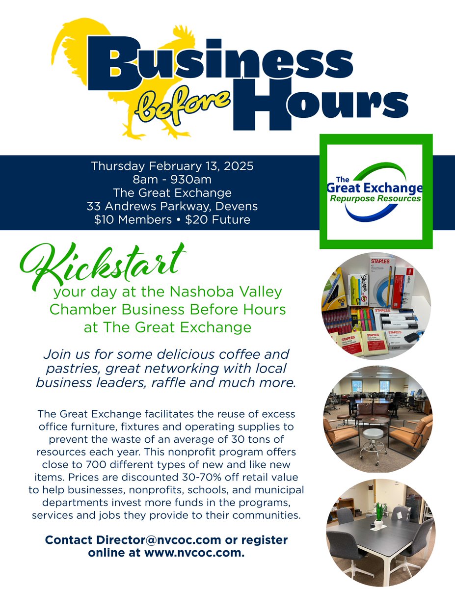 Business Before Hours – Thurs. February 12 <a href="/8AM/">8am</a> Join the Nashoba Valley Chamber of Commerce and The Great Exchange at 33 Andrews Parkway in Devens for networking, coffee, pastries and a raffle as they co-host the Business Before Hours event. Register at:bit.ly/TGEBBH