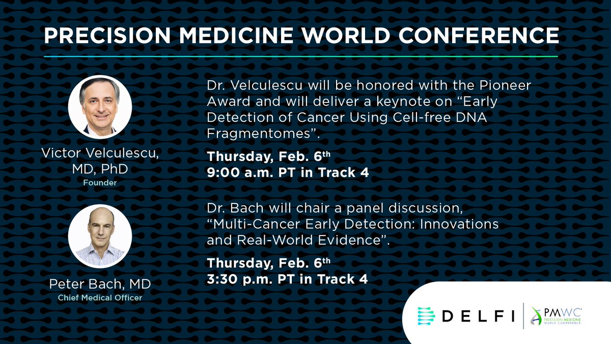 DELFI Diagnostics (@delfidiagnostic) on Twitter photo Big day for DELFI at #PMWC25 tomorrow!
Dr. Victor Velculescu receives the Pioneer Award and delivers his keynote at 9:00 a.m. PT. Later, <a href="/peterbachmd/">Peter B. Bach, MD</a> chairs a panel on multi-cancer early detection at 3:30 p.m. PT.
Full program: bit.ly/40xzBOu Big day for DELFI at #PMWC25 tomorrow!
Dr. Victor Velculescu receives the Pioneer Award and delivers his keynote at 9:00 a.m. PT. Later, <a href="/peterbachmd/">Peter B. Bach, MD</a> chairs a panel on multi-cancer early detection at 3:30 p.m. PT.
Full program: bit.ly/40xzBOu