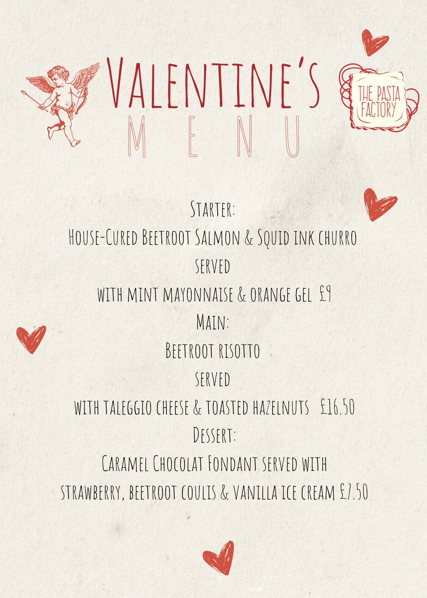 pastafactoryuk's tweet photo. VALENTINE’S MENU 

@pastafactoryuk 

Join us for a special Valentine's menu from February 11th to February 16th 2025

#Valentine2025 https://t.co/uNllZlPZfI
