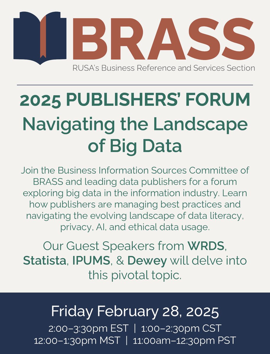 Join us for the 2025 BRASS Virtual Publishers' Forum on Friday February 28, 2:00–3:30pm EST!

Register here 👉 bit.ly/42GCQpd

The forum will focus on exploring big data in the information industry.

#bizref