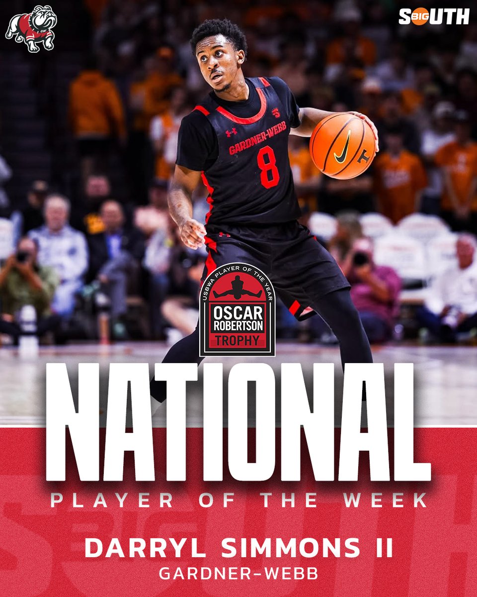 Big South Conference (@bigsouthsports) on Twitter photo Oscar Robertson 𝗡𝗔𝗧𝗜𝗢𝗡𝗔𝗟 Player of the Week 🚨
Gardner-Webb's Darryl Simmons II (<a href="/beastmodebuddy/">Darryl Simmons II</a>) earns national recognition from <a href="/USBWA/">U.S. Basketball Writers Association</a> after dropping 4⃣0⃣ points Saturday at Winthrop! Oscar Robertson 𝗡𝗔𝗧𝗜𝗢𝗡𝗔𝗟 Player of the Week 🚨
Gardner-Webb's Darryl Simmons II (<a href="/beastmodebuddy/">Darryl Simmons II</a>) earns national recognition from <a href="/USBWA/">U.S. Basketball Writers Association</a> after dropping 4⃣0⃣ points Saturday at Winthrop!