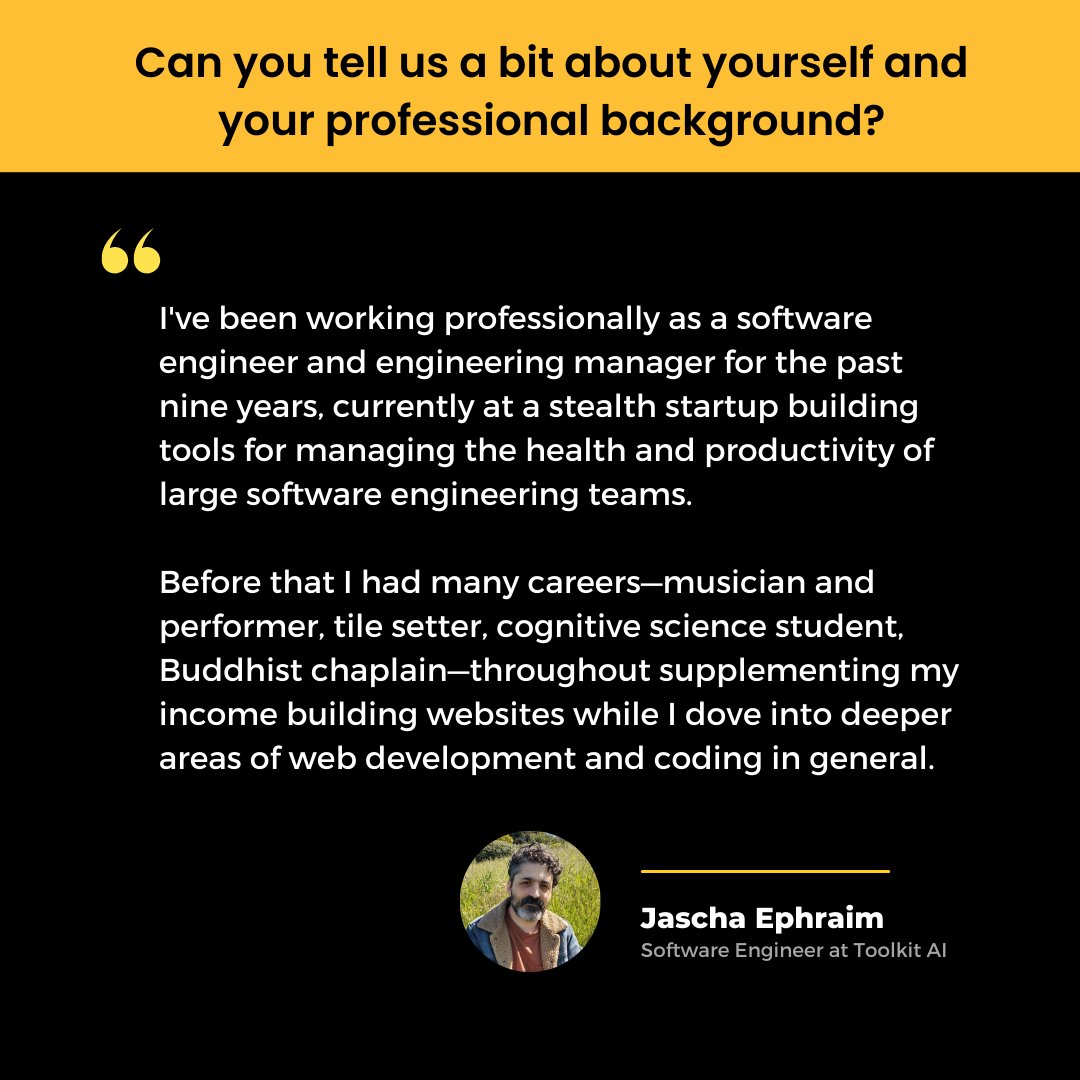 hackthehood's tweet image. 🌟 For our latest #Mentor Spotlight, we’re excited to feature Jascha Ephraim, a Software Engineer at Toolkit AI and our dedicated Drive Mentor. With a decade of experience and a passion for sharing his expertise, he's inspiring the next generation of #tech professionals.