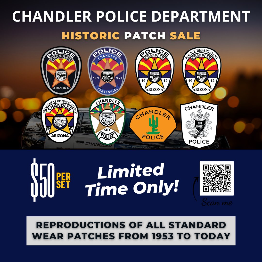 🚨 Own a piece of Chandler PD history!
For a limited time, the Chandler Police Department is offering an exclusive collection of our official police patches, dating back to 1953. This unique bundle is available for $50, with all proceeds supporting the Citizens Police Academy
