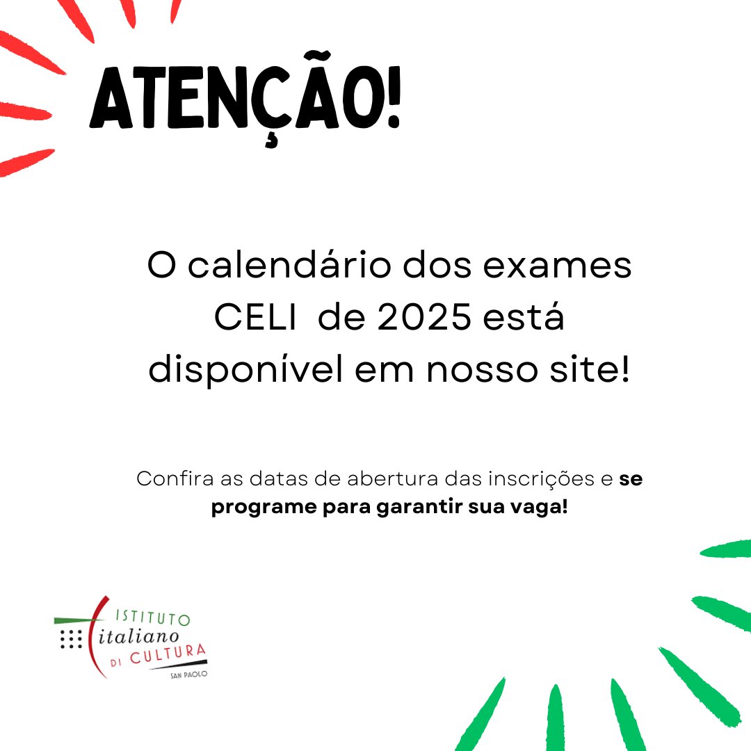 Aos interessados nos exames CELI: atualizamos nosso site com as informações para as provas de 2025.

📲 Confira as datas, como fazer sua inscrição e valores, além de como se preparar para as provas.

➡️ iicsanpaolo.esteri.it/pt/lingua-e-cu…