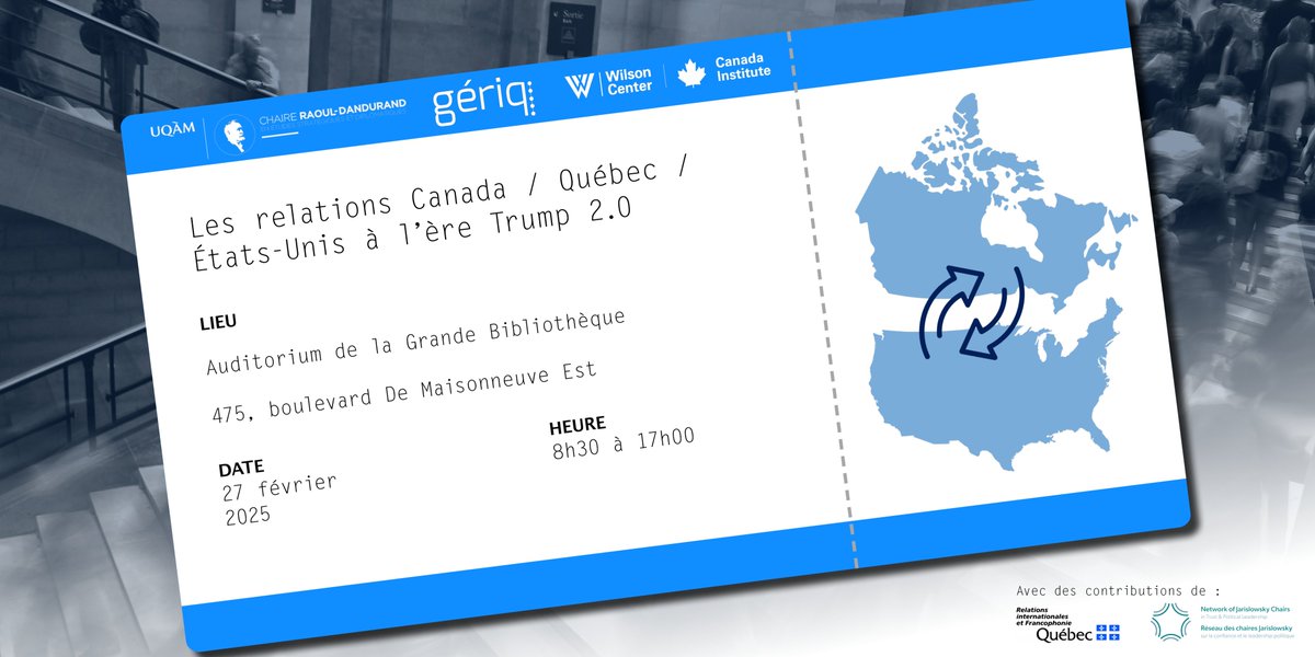 🎉Une activité de lancement aura lieu le jeudi 27 février dans le cadre du colloque «Les relations #Canada/ #Québec/ #EtatsUnis à l’ère #Trump 2.0». 

Pour s'inscrire, c'est par ici: dandurand.uqam.ca/evenement/les-…