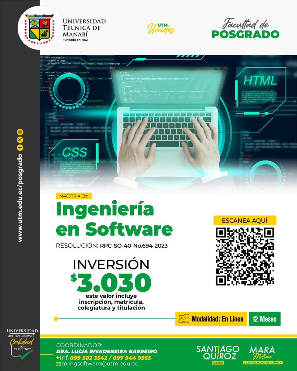 Ber_RB's tweet photo. Invitamos a postular en las maestrías de la @UTMManabi en Software y Ciencia de datos. Ambos programas son en línea y tienen una duración de un año, con profesores calificados dentro de las ramas de conocimiento https://t.co/66f1WLAsjp