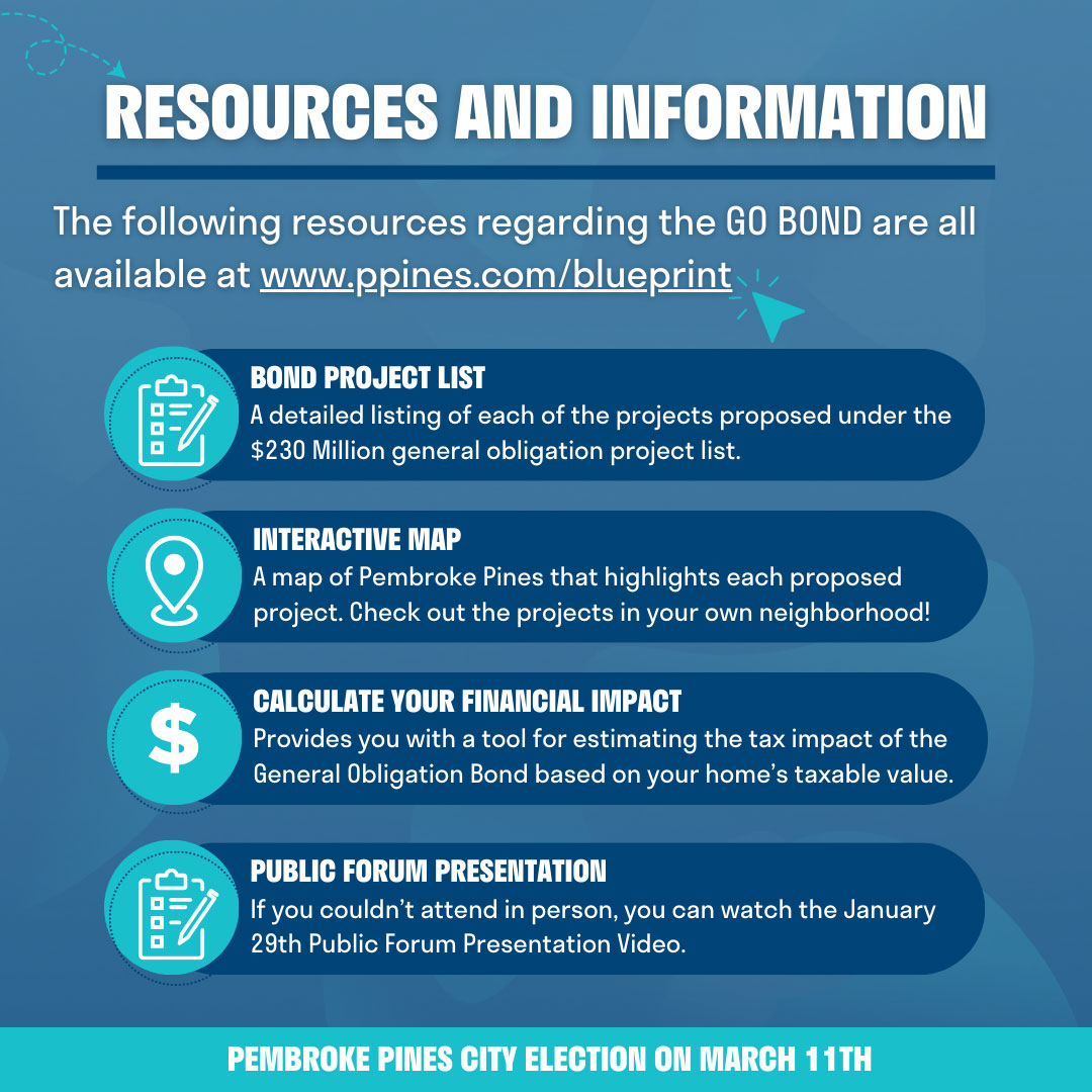On March 11, Pembroke Pines voters will decide on 7 Charter Amendments &amp; a $230M General Obligation Bond for public safety, parks, infrastructure &amp; more. Get the facts at ppines.com/blueprint.