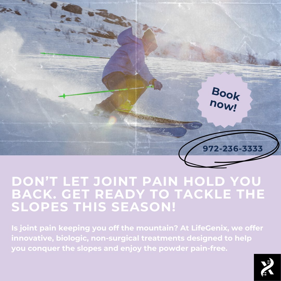 Is joint pain keeping you off the mountain? At LifeGenix, we offer innovative, biologic, non-surgical treatments designed to help you conquer the slopes and enjoy the powder pain-free! hubs.li/Q031cknm0
 #JointPainRelief #SkiPainFree #Biologics #RegenerativeTherapy
