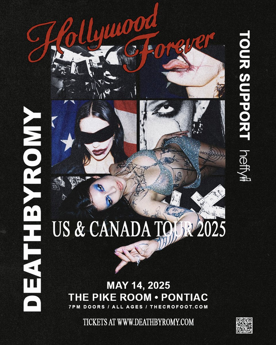 💥 NEW SHOW 👉 DeathbyRomy "Hollywood Forever US &amp; Canada Tour 2025" w/ heffy

📅 Fri May 14, 2025 at The Pike Room
🎫 On sale Fri @ 10am @ thecrofoot.com

<a href="/deathbyromy/">DeathbyRomy</a>
<a href="/xheffyx/">heather</a>