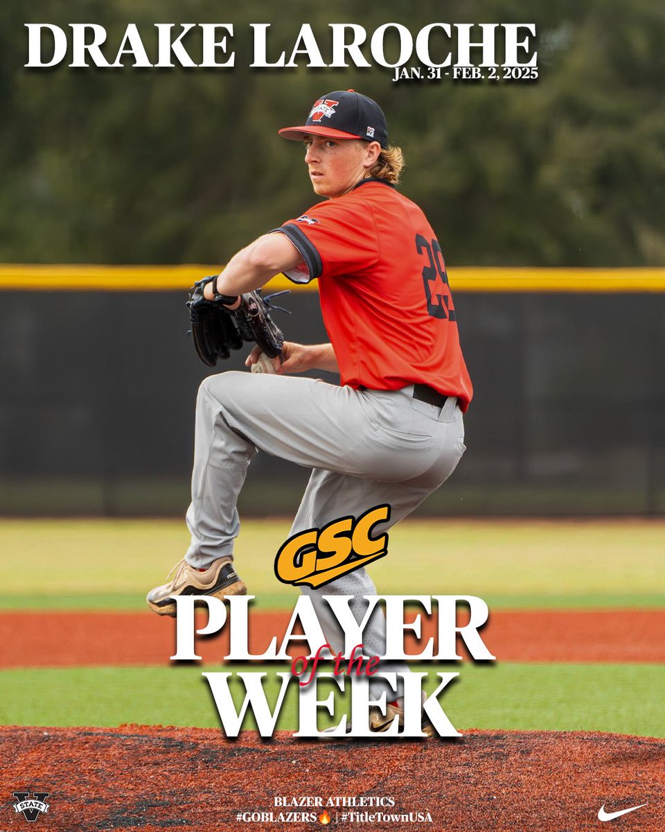 Drake LaRoche named GSC 𝘗𝘪𝘵𝘤𝘩𝘦𝘳 𝘰𝘧 𝘵𝘩𝘦 𝘞𝘦𝘦𝘬‼️

LaRoche tossed six scoreless innings, allowing only one hit and striking out six in his Blazer debut. 

#GOBLAZERS🔥 | #TitleTownUSA 

📸 Zachary Higgins