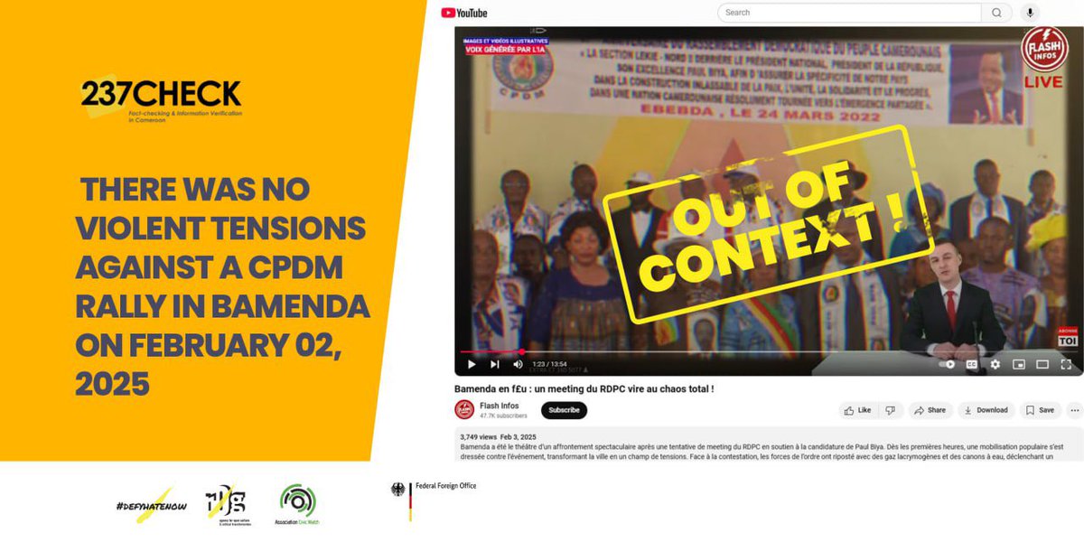 237check's tweet photo. #Factchecking 

A #Youtube video shared on @WhatsApp forums published that there was tension in Bamenda following a CPDM meeting to back Biya’s candidacy for the presidential election

After verification, this information turns out to be out of context

https://t.co/jsXgx5iR7a https://t.co/NieqIqQEoe