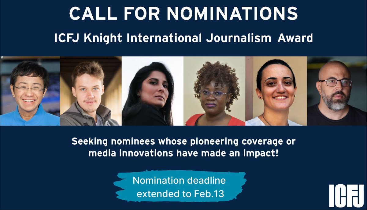 ICFJ's tweet photo. 🚨 Deadline extended for the ICFJ Knight International Journalism Awards nominations! Nominate a journalist who is impacting the lives of people in their countries or regions now: https://t.co/rgGjzO8wIi https://t.co/ycZefOl4Jm