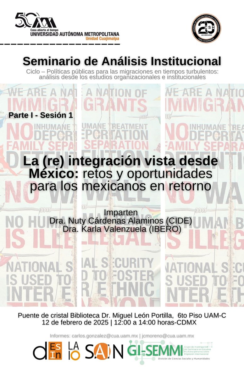 Semmi_UAM's tweet image. Estamos de vuelta #SAIN #2025 

Seminario de Análisis Institucional (SAIN) 
Ciclo – Políticas públicas para las migraciones en tiempos turbulentos:  análisis desde los estudios organizacionales e institucionales
@jorgeculebro 
@AlbertoGZepeda 
@DcshUam 
@uamcuajimalpa
