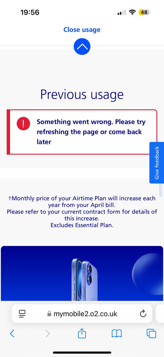 MissSpeedPE's tweet photo. @O2 regardless of whether I am in the app or on the web I can never view my data usage, this always appears. Why? https://t.co/F0uhcb556Y
