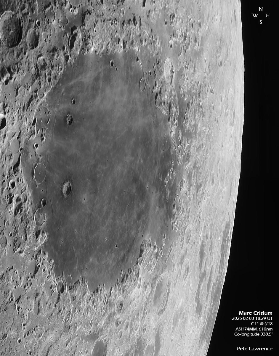 The 'lunar hedgehog' Mare Crisium, processed to show more contrast across the dark lave surface. 3-pane mosaic from 3 Feb.